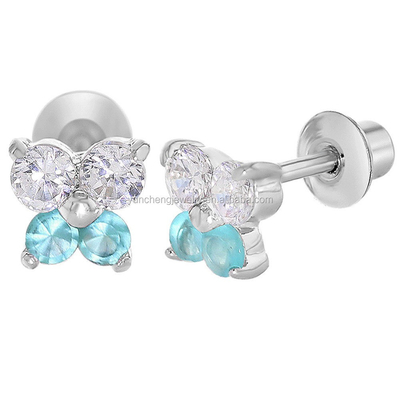 Бабочка синяя и четко CZ детские настройки Stud серьги 925 Sterling Silver
