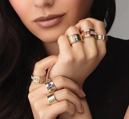 18K позолоченная радужная багетта CZ Multi Fashion 925 Sterling Silver женские кольца