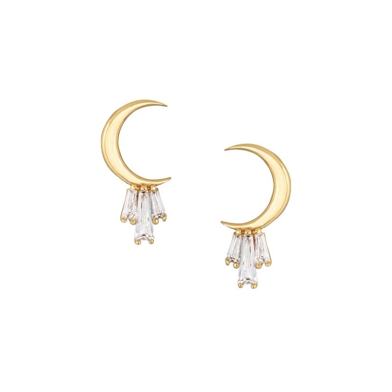 Золото 18K покрытое серебром 925 Sterling Baguette Moon Stud серьги для женщин AAA CZ камень