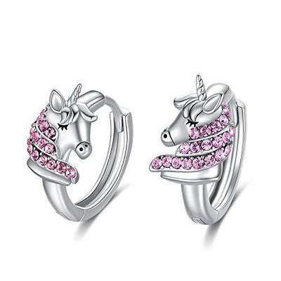 Серьги-кольца из серебра 925 пробы с единорогом, 16 мм, розовый фианит для детей