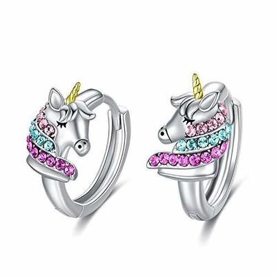 Серьги-кольца из серебра 925 пробы с единорогом, 16 мм, розовый фианит для детей