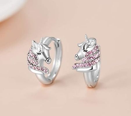 Серьги-кольца из серебра 925 пробы с единорогом, 16 мм, розовый фианит для детей